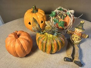 Fall Autumn Halloween Pumpkins (4) and Scarecrow Vintage Home Decor--Lot of 5